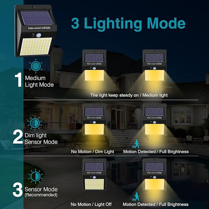 kolpop 4 Pack Solar Motion Lights Outdoor, 3 Modes/100LED Security Wireless IP65 Waterproof Wall Outdoor for Front Door, Backyard, Garage, Deck(Warm White)