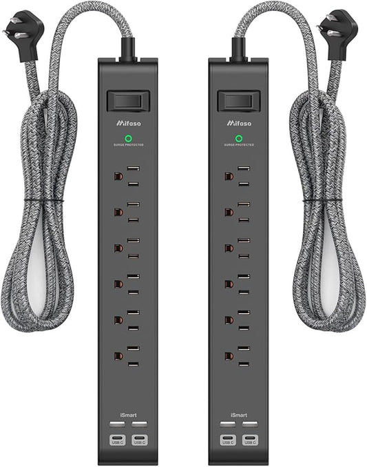 2 Pack Surge Protector Power Strip - 6 Outlets 4 USB Charging Ports, 5Ft Braided Extension Cord, Slim Flat Plug, Overload Protection, Wall Mount for Home Office, Dorm Room Essentials