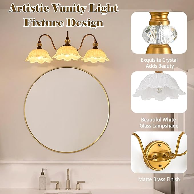 Vintage Bathroom Vanity Light, 3-Light Matte Brass Finish Vanity Light with Floral White Glass Shades, Retro Wall Sconce for Bathroom, Dressing Table