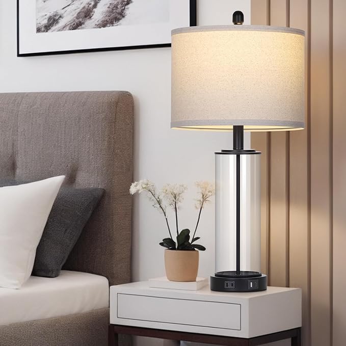 26" Glass Table Lamp Single, 3-Way Dimmable Touch Control Living Room Lamp with USB C+A Ports & AC Outlet, Modern Bedside Lamps, Bedroom Lamps for Nightstand Side End Table Desk, Black-1PK