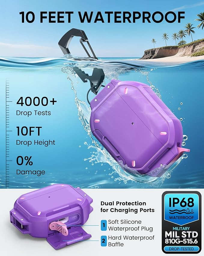 MoKo for AirPods Pro 3 Case with Secure Lock - IP68 Waterproof Case for iPods Pro 3, Military-Grade Protective Cover Earpods Pro 3 with Keychain, Phone Stand & Cleaner Kit, Purple