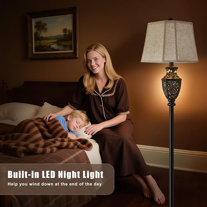 Luvkczc Vintage Black Floor Lamp - Hand-Painted Gold Resin with 6-Sided Carved Hollow Nightlight, Traditional Standing Lamp for Living Room, Bedroom, Study (Bulb Included)