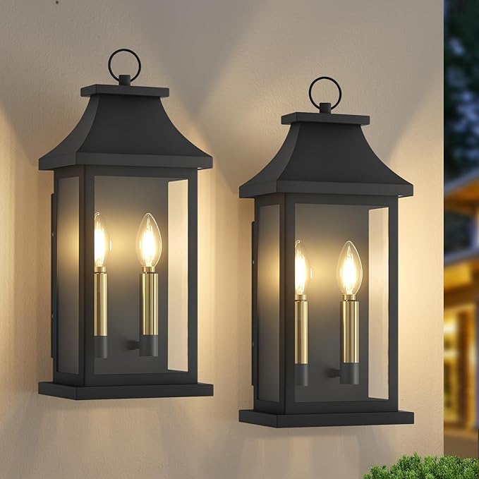 tewei 22'' Large Outdoor Wall Lights, Porch Light Outdoor Wall Sconce Lantern, 2-Light Black Exterior Lighting Fixture Wall Mount E12 Gold Base, Outside Light for House Backyard Garage, 2-Pack