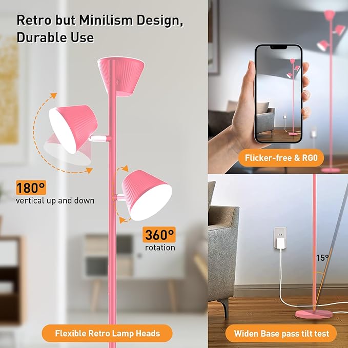 42W LED Tree Floor Lamp, 68" Modern Dimmable Floor Lamps for Living Room with Remote & Touch Control, with 3 Rotatable Lights 4 Color Temperatures, Tall Standing Lamp for Bedroom Office, Pink