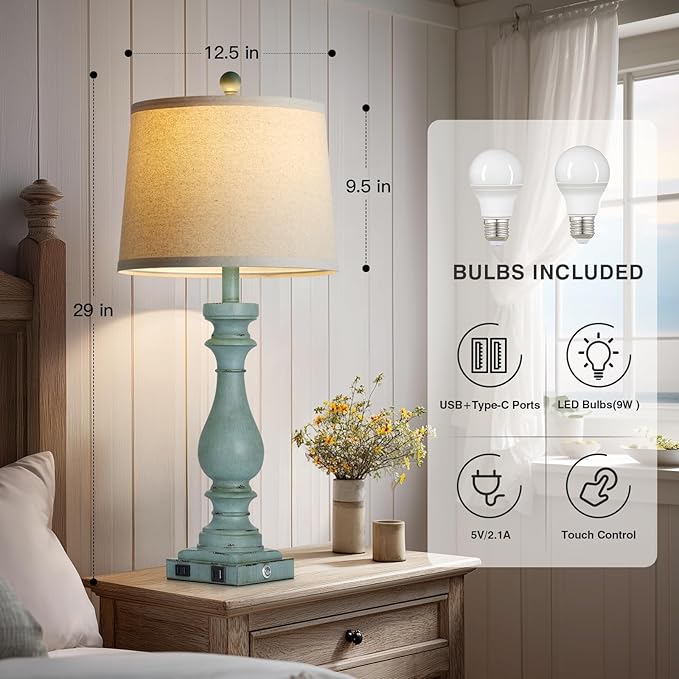 29" Tall Coastal Table Lamps Set of 2,Retro Blue Bedside Lamps with USB C+A Ports & AC Outlet,3-Way Dimmable Touch Lamp for Night Stands Living Room Bedroom,Blue