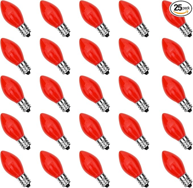 GOOTHY 25 Pack C7 Red LED Christmas Light Bulb, C7 Red Ceramic Replacement Bulbs for Outdoor String Lights Window Candles Chandeliers, E12 Candelabra Base LED Bulbs, 0.6 Watt Led Night Light Bulb
