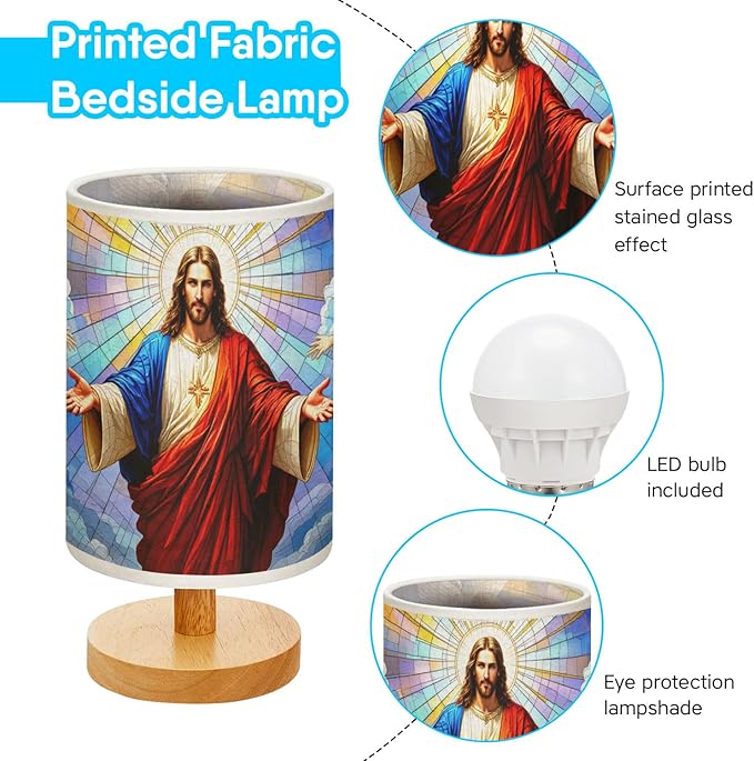 Jesus Blessing Table Lamp LED 3-Color Pressed Bedside, Jesus Blessing Shade Lamp with Wood Base for Bedroom Living Room Desk Office TL01