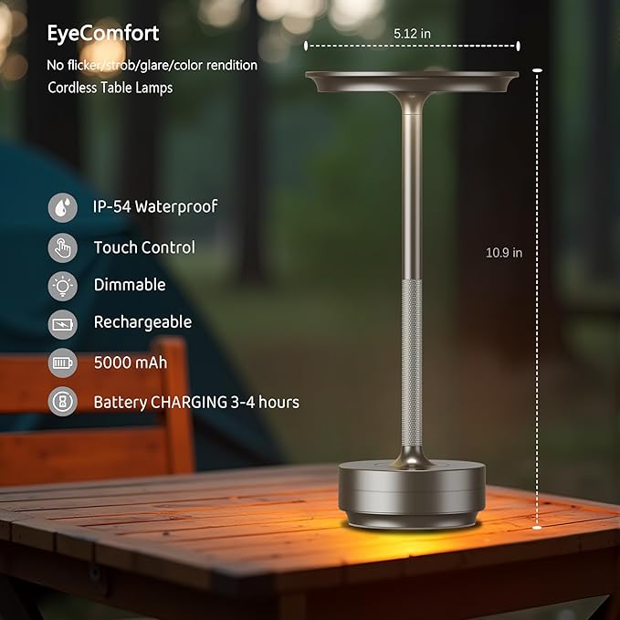 2-Pack Cordless Table Lamps Rechargeable - 5000mAh Battery Operated LED Table Light with Touch Stepless Dimming - Portable Silver Metal Outdoor Lamps for Patio, Restaurant, Dining