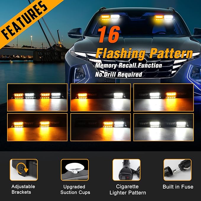 White Amber 2 In 1 LED Emergency Dash Strobe Lights, 16 Flashing Modes 12V Interior Shield Traffic Advisor Safety Hazard Warning Lights with Suction Cups for Vehicles Trucks (Yellow＆White)