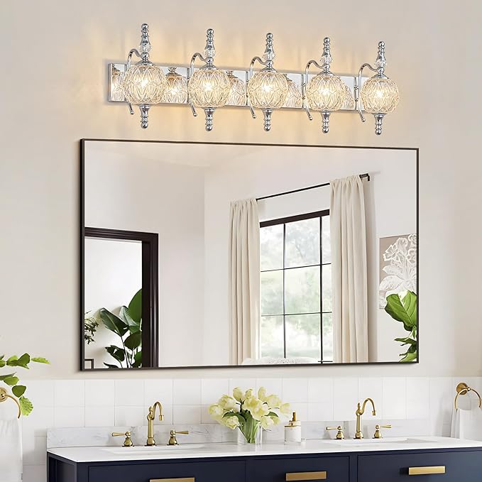 Modern Crystal Bathroom Vanity Lights Fixtures Over Mirror Chrome Vintage 5-Lights 36 Inch Bathroom Light Fixtures Glass Crystal Vanity Lights