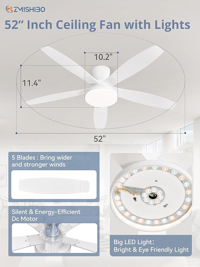 ZMISHIBO 52 inch Ceiling Fans with Lights and Remote/APP Control,White Low Profile Ceiling Fan with Light,Quiet DC Motor,LED Dimmable, Modern Flush Mount Ceiling Fan for Bedroom Indoor/Outdoor Patio