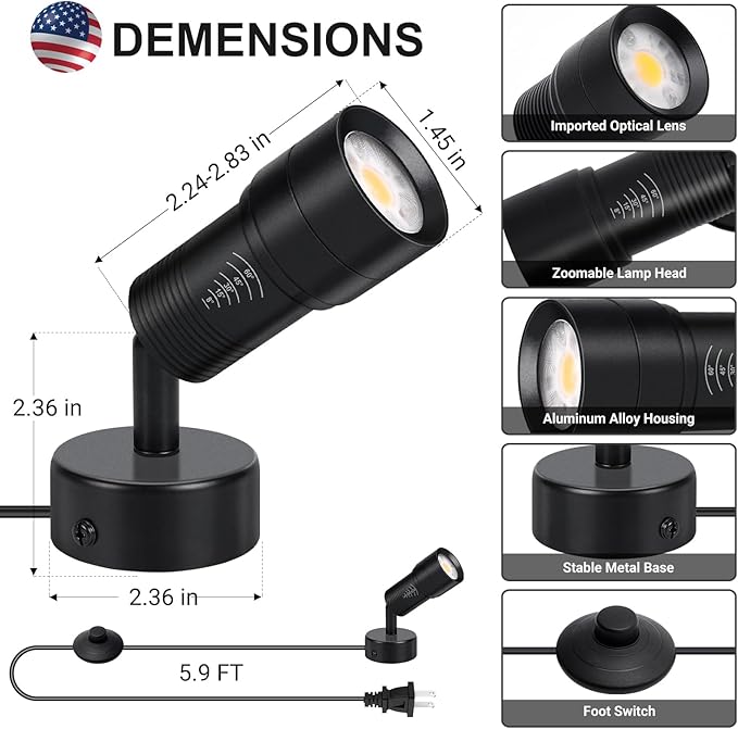 Spot Lights Indoor 5W LED Up Lights 3000K Uplighting with Zoomable 8°-60° Focus Head Floor Spotlight Indoor for Plants Artwork Accent Lights Decor, 5.9 FT Plug Cord with Foot Switch, 2 Pack