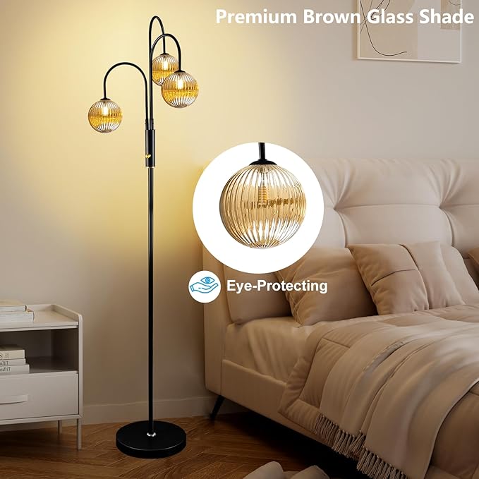 Lightdot 70IN Dimmable Floor Lamp for Living Room, 3 Light LED Tree Floor Lamps with Glass Globe Shade& Bulb Included, Mid Century Standing Tall Lamp for Bedroom/Sofa Beside/Corner Decor-Black