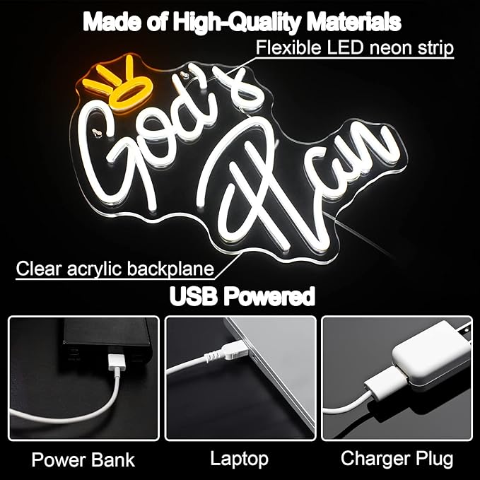 Horseneon God's Plan Neon Led Sign, God Neons Sign for Wall Decor, White Letter Neon Lights Signs with USB Powered for Bedroom, Living room, Wall Art Decoration