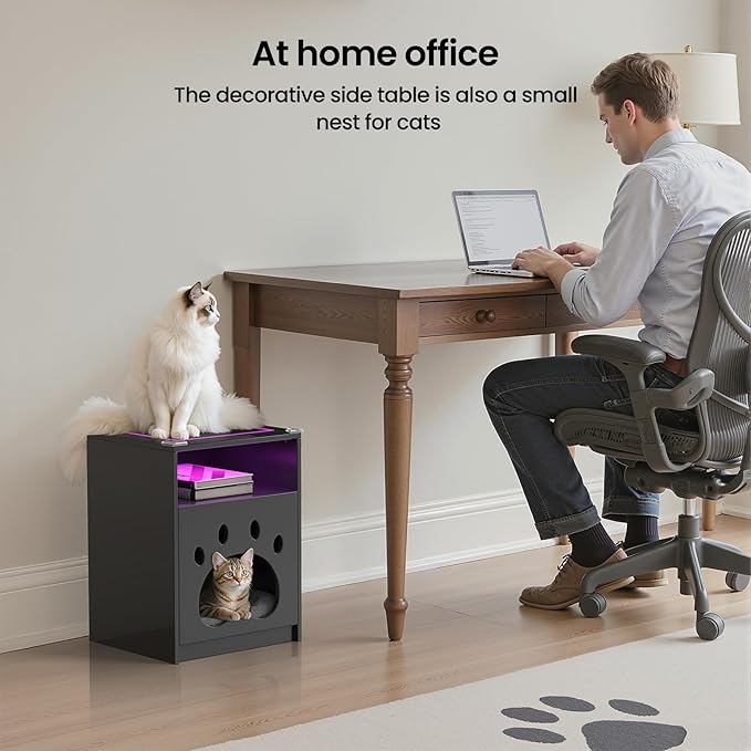 Night Stand with Charging Station and LED Lights Smart Bedside Table Adjustable RBG Lighting Decorative Cat Door Modern Nightstand Glass Tabletop Wood End Tables for Bedroom,Office