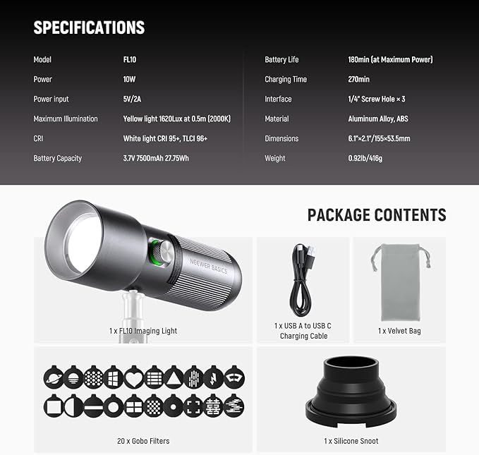 NEEWER Basics RGB Photography Flashlight, 4 Colors/20 GOBO Filters/CRI95+/7500mAh, 10W 6300K Portable LED Video Spotlight Patterned Ambient Aluminum Sunset Light for Recording Studio Lighting, FL10