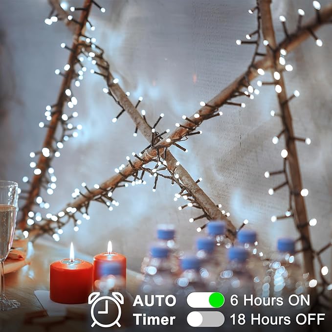Battery Cluster String Lights 2 Pack Total 20Ft 400 LED String Lights with Timer 8 Modes Firecracker Christmas Lights Outdoor Waterproof for Tree Home Decor (Cool White)