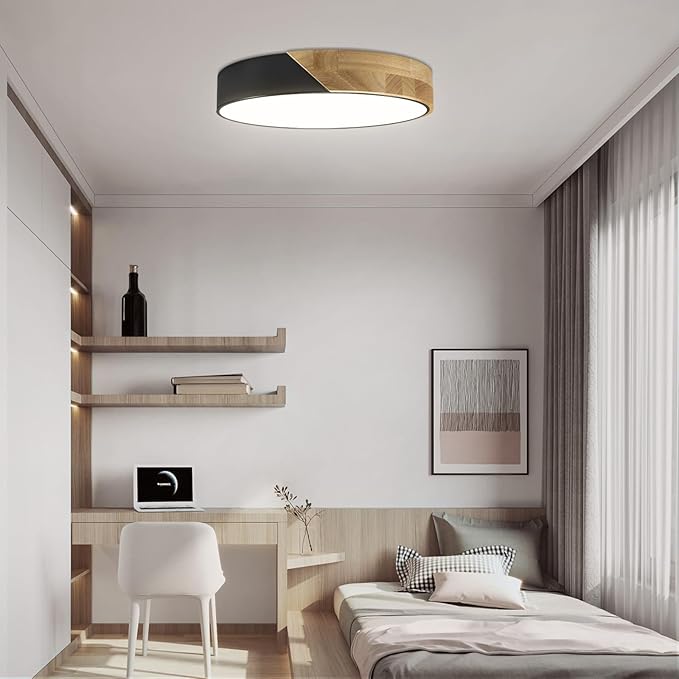 Modern Flush Mount Ceiling Light Fixture 12 Inch LED Ceiling Light, 24W Minimalist Round Shaped Wood Ceiling Lamp Natural White 4500K, Not Dimmable