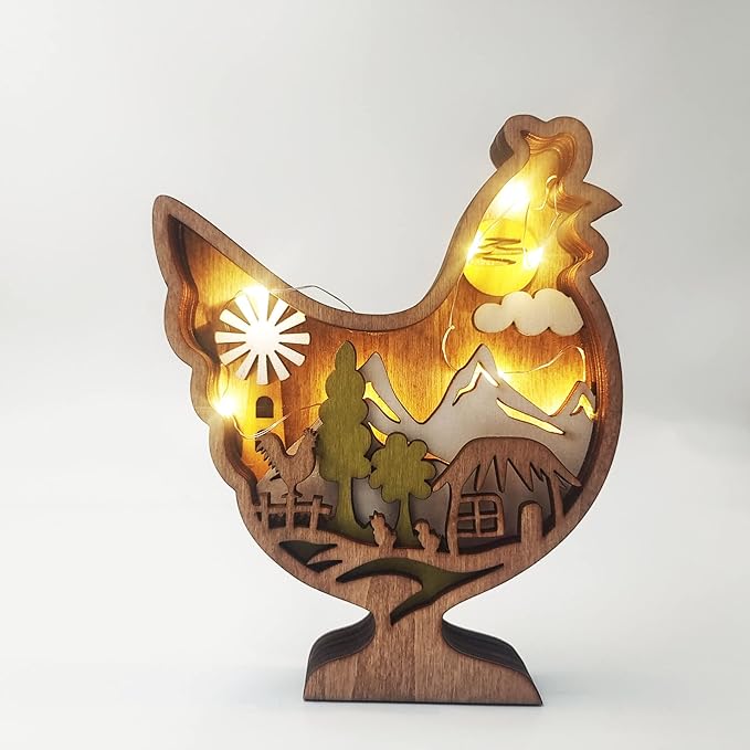 Drawelry 3D Wooden Animals Carving Home Decorative - Creative Wood Carved Lamp Farmhouse Wooden Animals Sculpture Ornaments Easter Birthday Gifts for Family Friend Son Dad (Chicken, with Light)