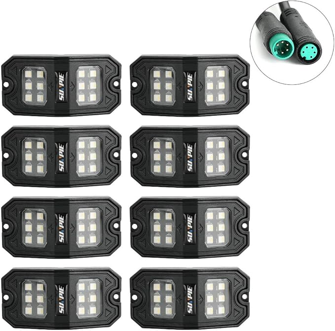 SUNPIE 8 Pods 210 Degrees Wide Angle RGBW Rock Lights Phone App Voice Mode Music Mode Automatic Control Neon Light Kit Wheel Well Lights for Off Road Truck SUV ATV UTV Boat