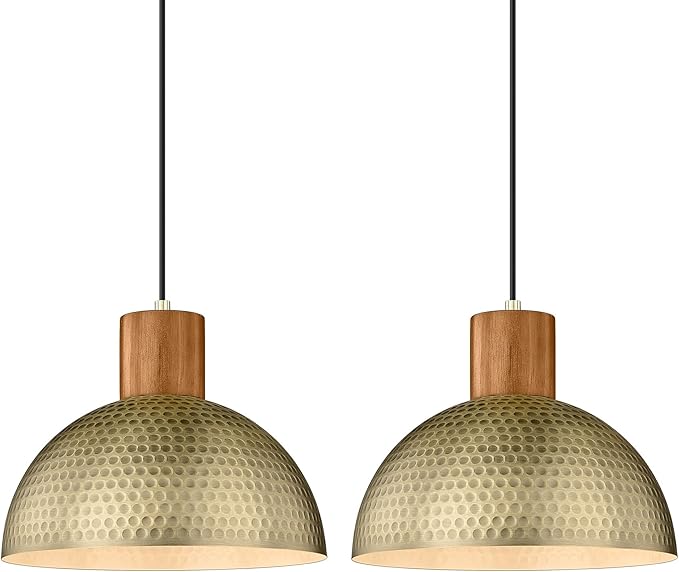 ELYONA 2 Pack Hammered Pendant Lights 12” Vintage Metal & Wood Dome Hanging Lamp Antique Gold Industrial Kitchen Pendant Light Fixtures for Island, Farmhouse, Dining Room, Sink, Hallway, Brushed Brass
