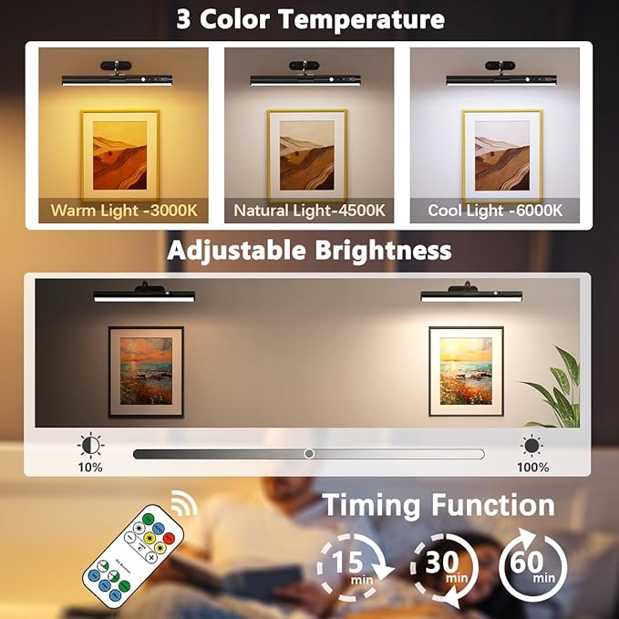 Hapfish Motion Sensor Battery Operated Wall Sconce, Wireless Picture Lights for Wall, Rechargeable Magnetic Art Lighting with Remote Control, Battery Picture Light for Poster Dartboard Mirror - Black