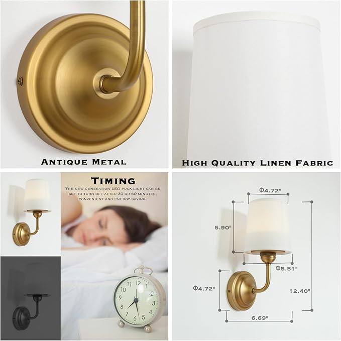 HEQIQEH Vintage Gooseneck Battery Operated Wall Sconce Light Fixture Set of 2 with Remote Control, Flared Funnel White Fabric Shade Dimmable Nightstand Lamps for Bedside Bedroom Living Room（antique-2）