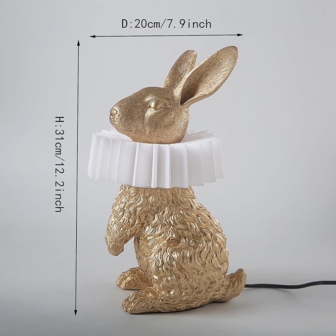 Scarf Rabbit Table Lamp,Resin Crafted Gold Bunny Lamp Featuring White Pleated PC Lampshade,USB Plug,Energy-Efficient Nightstand Lamp (Gold Standing)