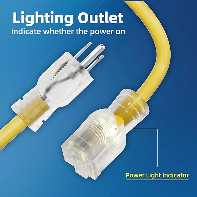 12 Gauge Outdoor Extension Cord 25 FT Waterproof, 3 Prong Plug, SJTW Heavy Duty 15A 1875W, Yellow Extension Cable with Lighted end for Commercial Use and Major Appliances, ETL Listed