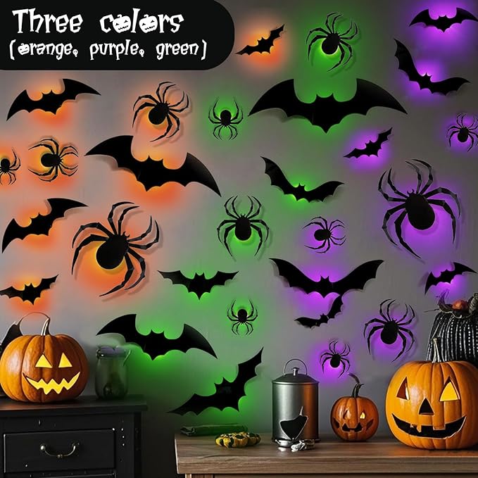 36 Pack Halloween Bat Spider Wall Decor, 3D LED Bat Spider Wall Stickers - 3 Colors - 3 Size - Removable Light up Spiders Bats Wall Decals for Halloween Party, Bedroom Window Decorations