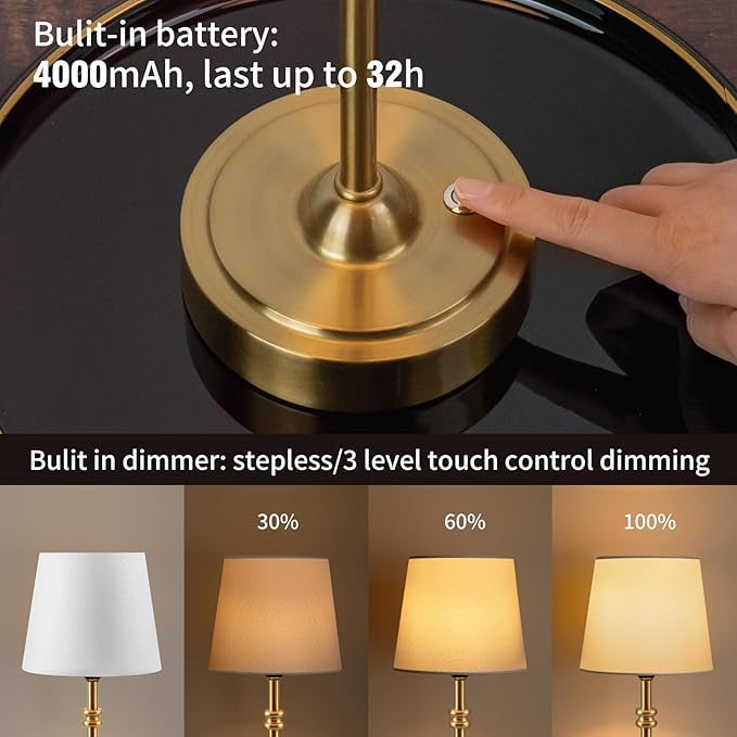 ONEWISH 2 Pack Small Cordless Lamps, Battery Operated Table lamp Dimmable, 4000mAh Rechargeable, Touch Bedside Lamp with White Fabric Shade, 2700K Bulb Included, for Dining, Patio, Bathroom(Gold)