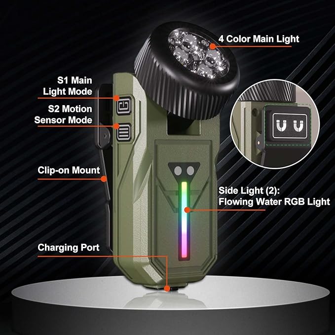 Rechargeable Flashlights EDC Clip-on Light, Bright 680 Lumens Pocket Flashlight, Combines Spotlight/Floodlight/RGB Light, Magnetic, IPX6 Waterproof for Cycling, Repairing (Green)