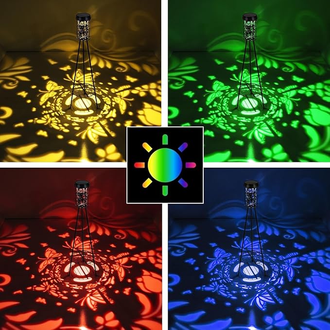 Solar Floor Lamps Outdoor RGB Butterfly Projection Metal Cordless Floor Lamp with Plant Stand,42.48 Inch Waterproof Decorative Garden,Patio,Porch,Yard,Path,Black,2 Pack