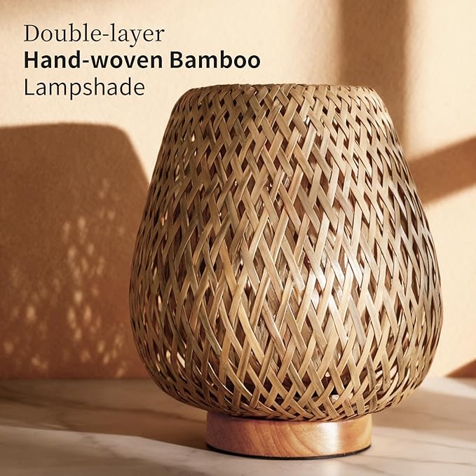 Table Lamp with Double Layer Woven Shade Wood Base,Desk Bedside Small Lamps with 6ft Power Cord, 110V Plug, Dimmable E26 Socket (Bulb Included) for Living Room Night Stands Bedroom