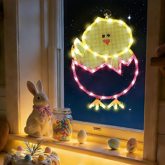 17" 40LED Lighted Cartoon Chick Easter Decor, Warm Glow for Window/Mantel, 120V Plug-in, UL Certified, Sturdy Gift Box Packed