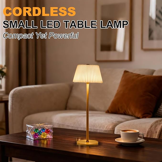 Cordless Small Table Lamp, 4000mAh Rechargeable Battery, Touch Control 3-Color & Stepless Dimming, Portable LED Mini Lamp with Beige Shade for Bedroom, Office, Dining Table, Outdoor Camping
