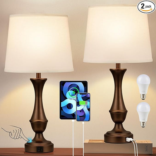 Seealle Upgraded Touch Lamps for Night Stands Set of 2 - Bedside Lamps with USB C+A, 3 Way Dimmable for Bedroom Living Room End Tables Office (White&Brown)