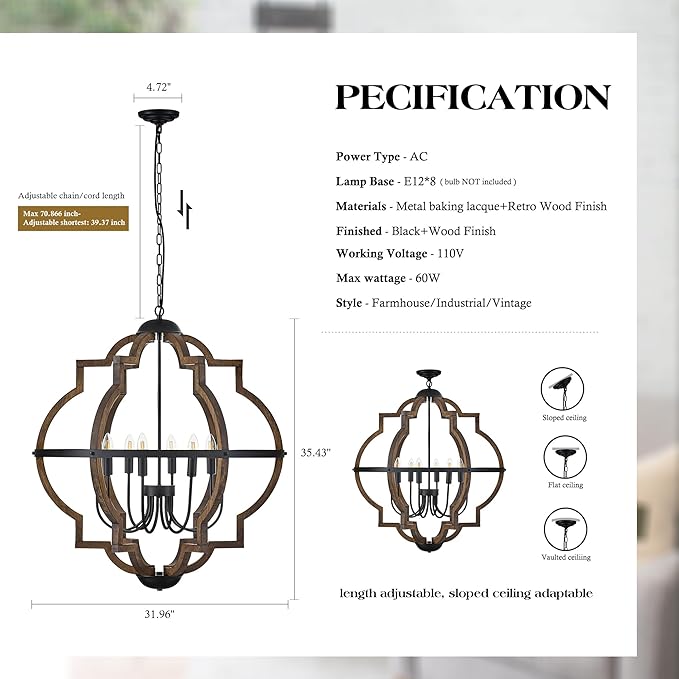 8-Light Farmhouse Wood Pendant Light,31.96'' Vintage Rustic Brown Oak Wood Chandeliers,Retro Industrial Hanging Light Fixtures for Dining Room Entryway, Bedroom