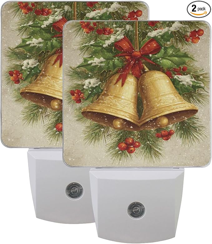 Christmas Golden Bells Night Light 2 Pack Dusk to Dawn Sensor Led Lamp for Women Men RetroNight Lights Plug into Wall Retro Decor for Bedroom Kitchen Bathroom Corridor, 0.5W