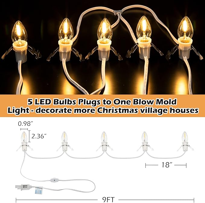 Meonum 6 Pcs Christmas Village Lights, 5 Base C7 String Bulbs Christmas Village Light Cord with ON/Off Switch Spare Fuse, Blow Mold Light Kit for Xmas Mini House