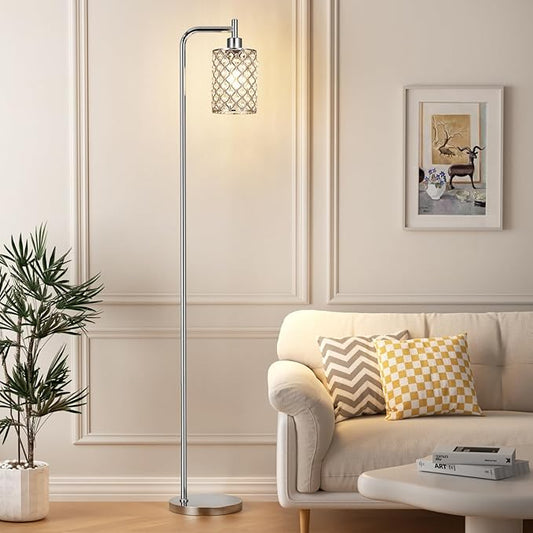 Crystal Floor Lamp - Industrial Modern Standing Lamps with LED Bulb for Living Room Bedroom Office - Silver