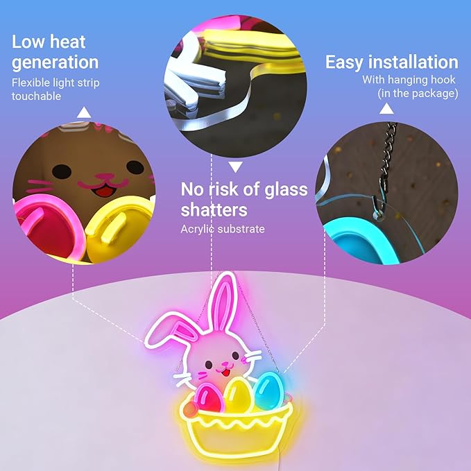 Easter Egg Basket Neon Sign with Bunny - Rabbit Holding Basket Wall Decor, 10-Level Dimmable LED Light, USB Powered Easter Basket Stuffers Gift, 15.7"x12.6"