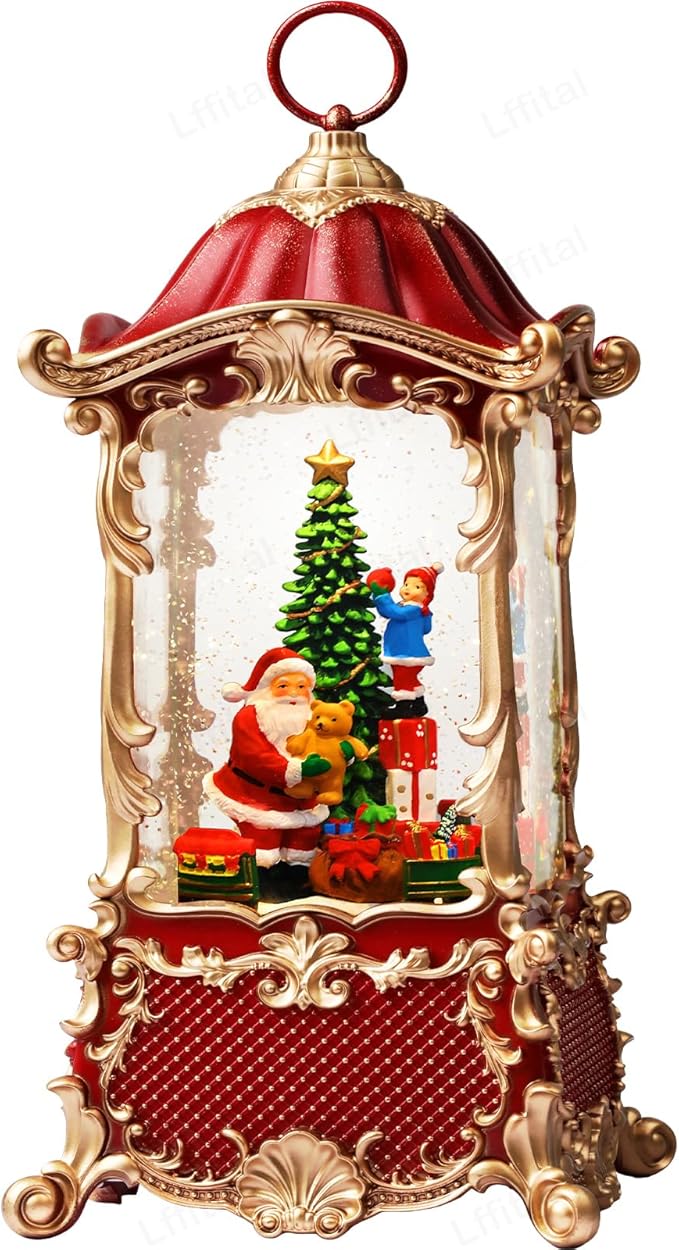 Christmas Snow Globes Santa Claus Snow Globe Lantern, Lighted Christmas Decorations Indoor for Home with Music Timer Glitter, Rotating Train Festival Gifts, USB & Battery Operated 12.5 inch