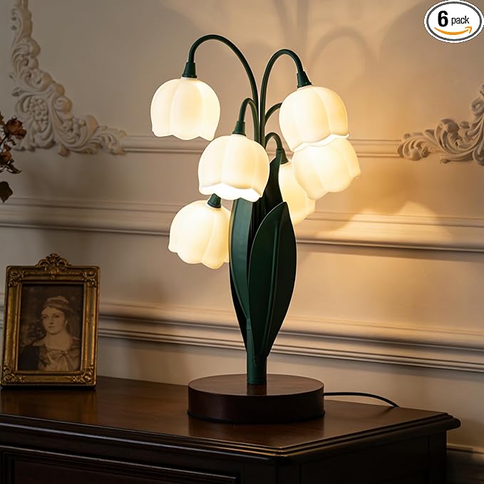 Flower Lamp,Bedside Vintage Table Lamps,6 Lily of The Valley Night Lights,3 Colors Modes Kawaii Aesthetic Lighting,Cute Desk Lamp for Bedroom,Living Room, Office Home Decor(Dark Green)