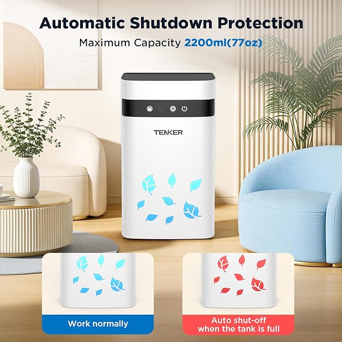 TENKER Dehumidifier for Home, 77oz Water Tank (1000 sq.ft) Dehumidifiers, Quiet Dehumidifier with Auto Shut Off, Sleep Mode, 7-Color LED Light for Closet Bedroom Bathroom RV, White