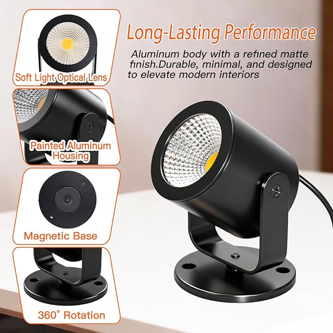 TAYSING LED Spotlight Indoor 5W USB Powered 360 Degree Rotating Mini Display Accent Light for Pictures Paintings Plants Shelves Cabinet Showcase, 1 Pack Daylight White 6000K