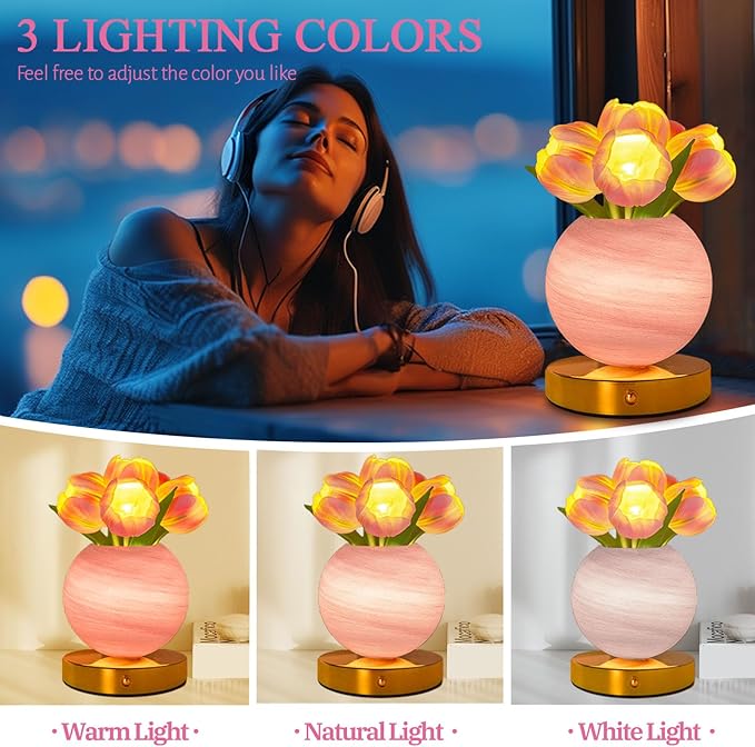 Tulip Table Lamp, Rechargeable Cordless Touch Dimming Artificial Tulip Flower Desk Lamp, LED Flower Bedside Night Light Romantic Gifts for Girl Women Mom (Pink Tulip)