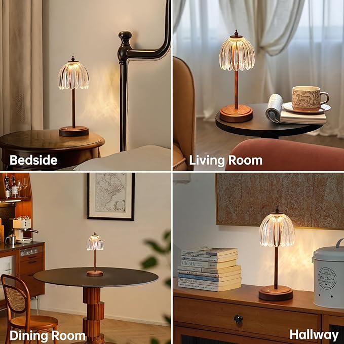 Tulip Table Lamp with 5200mAh Battery & Touch Control, Small Cordless Table Lamp with 3 Colors, Rechargeable Battery Operated Table Lamps for Bedroom, Desk, Bedside (Transparent-Walnut Color)
