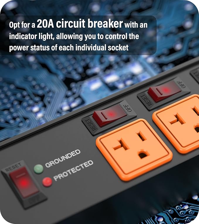 CCCEI Heavy Duty Surge Protector Power Strip 20 Amp Individual Switches. 10FT 12 Gauge Extension Cord with Multiple Outlets. Kitchen, Garage, Shop, Industrial Wall Mount Electric Extender, Orange.