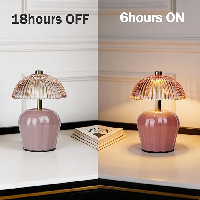 MJ PREMIER Small Cordless Lamp, Battery Operated Lamp with Timer, Mini Crystal Glass Mushroom Lampshade, Cute Small Table Lamps, Decorative Led Light for Bedroom Living Room Shelf (Pink)